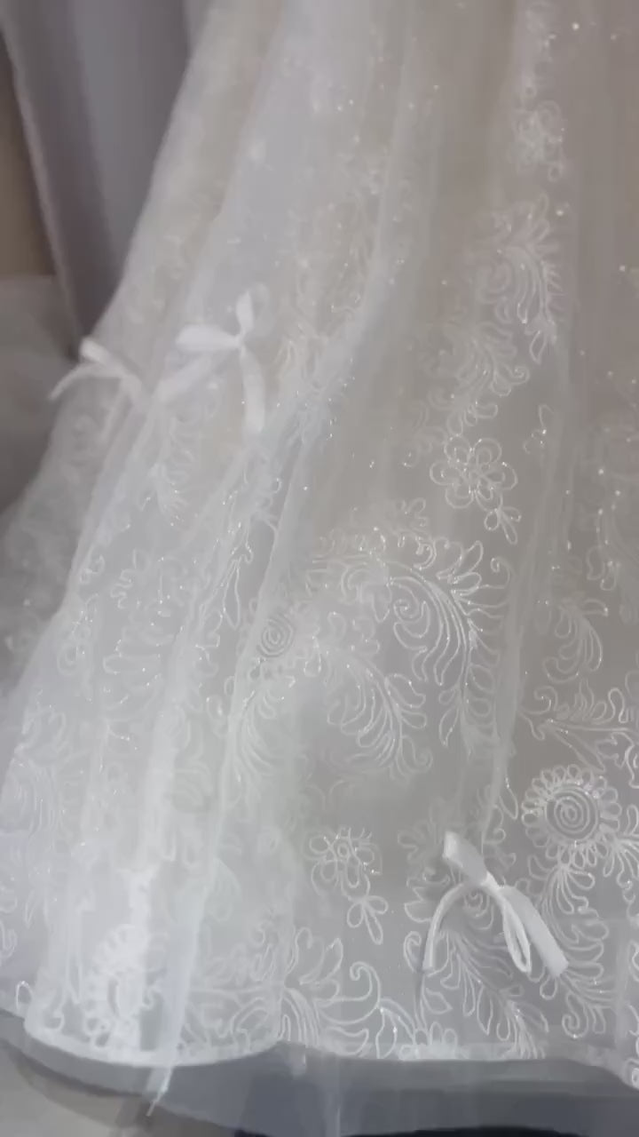 Off the shoulder fairytale corset wedding dress with bow, princess vintage unique ball gown, custom modest bridal dress