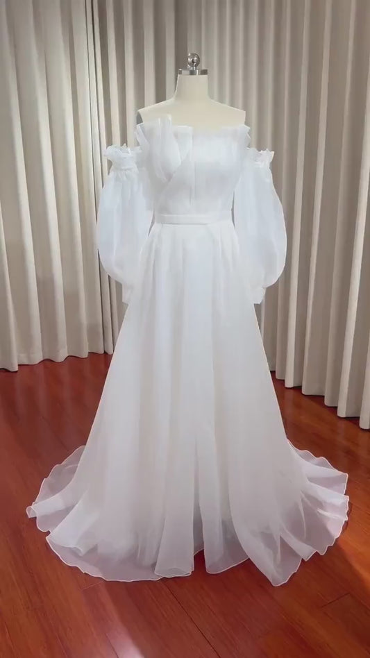 Minimalist Off Shoulder Wedding Bridal Dress with Detachable Long Sleeves, Custom Simple Elegant Courthouse Civil Reception Elopement Dress
