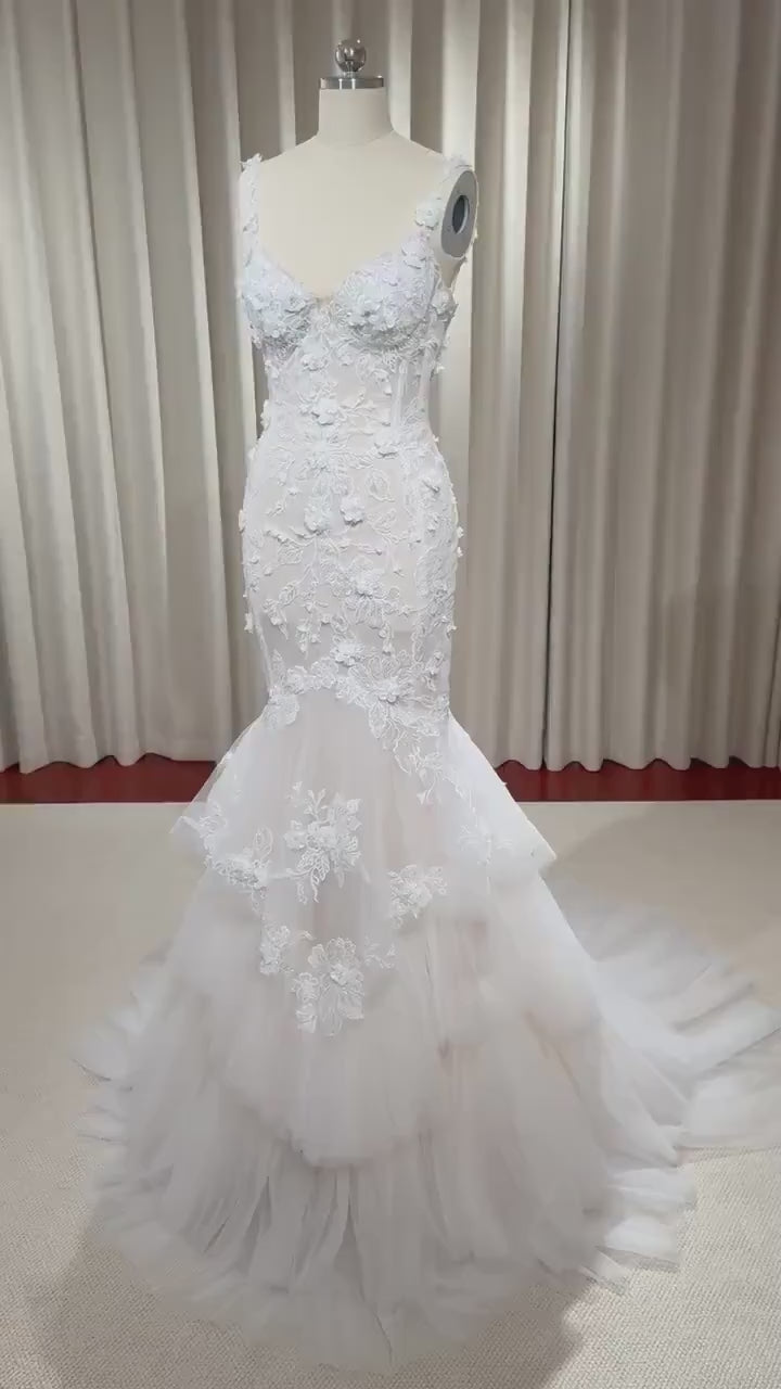 Fairy Floral Lace Mermaid Wedding, Unique Custom Courthouse Civil Wedding Reception Elopement Dress