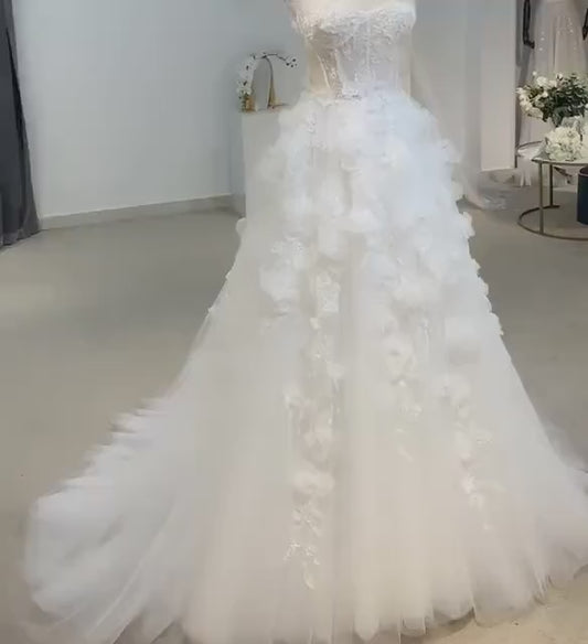 Fairy Floral A-line Lace Wedding Bridal Dress with Straps, Custom Romentic Unique Reception Elopement Dress for Courthouse Civil Wedding