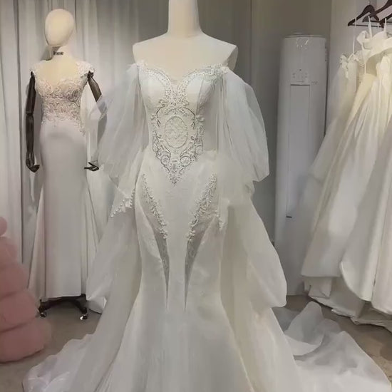 Sample dress, Long Sleeve Off the Shoulder Lace Mermaid Wedding Dress with detachable Train, Custom Unique Courthouse civil wedding