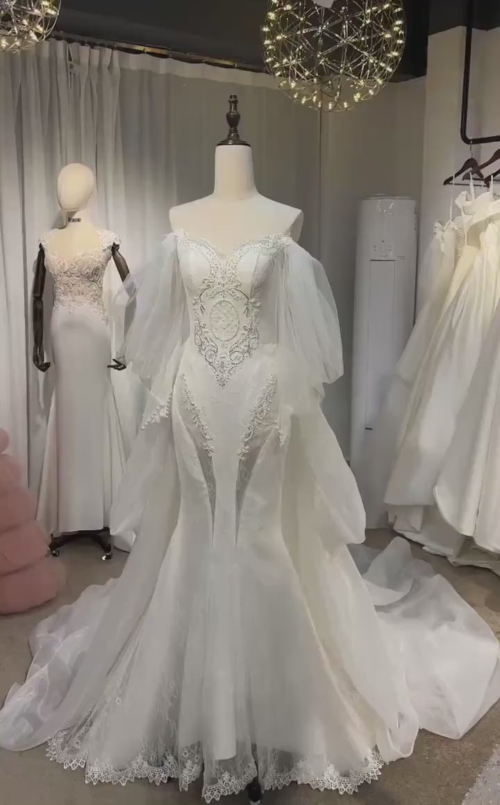 Sample dress, Long Sleeve Off the Shoulder Lace Mermaid Wedding Dress with detachable Train, Custom Unique Courthouse civil wedding