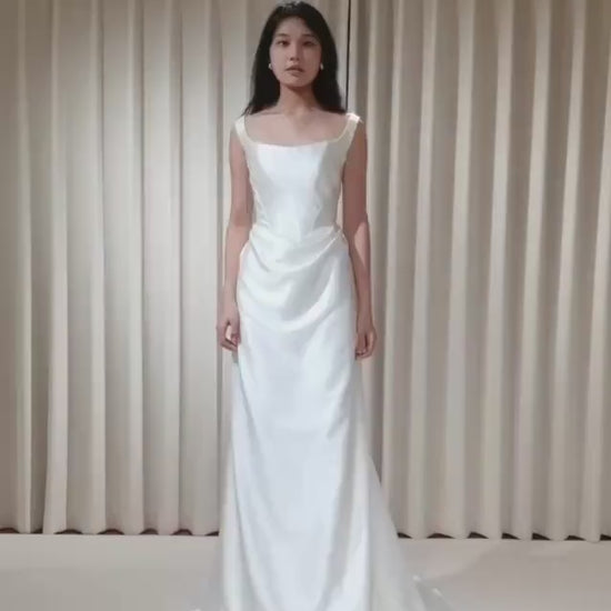 Satin Corset Basque Waist Wedding Dress with Shoulder Straps, Custom Bridal Gown | Kelly