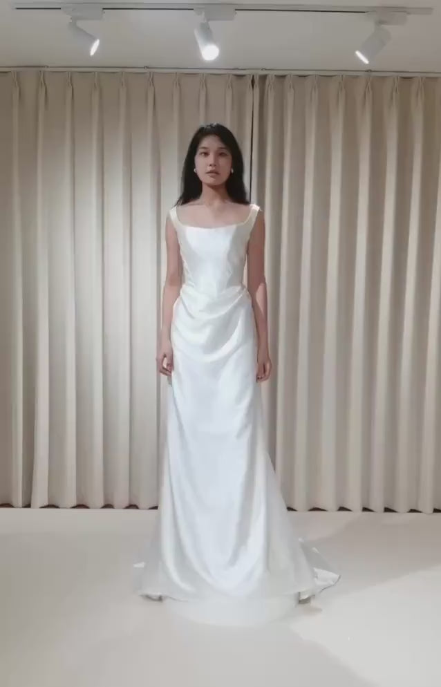 Satin Corset Basque Waist Wedding Dress with Shoulder Straps, Custom Bridal Gown | Kelly