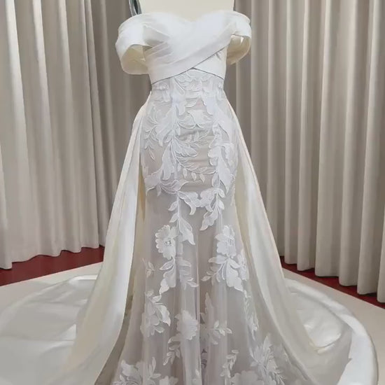 Fairy Long Sleeve Satin Lace Mermaid Wedding Dress w Detachable Train, Custom Unique Elegant Courthouse Civil Wedding Reception Dress