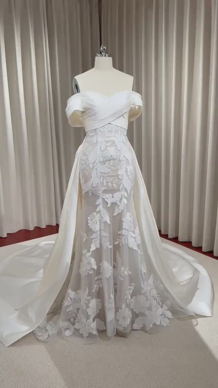 Fairy Long Sleeve Satin Lace Mermaid Wedding Dress w Detachable Train, Custom Unique Elegant Courthouse Civil Wedding Reception Dress