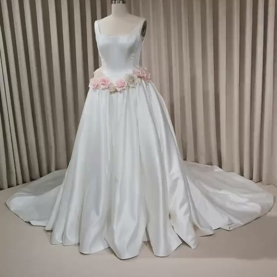 Minimalist Satin Corset Basque Waist Wedding Ballgown with Handmade Flowers and Detachable Bow | Abigail