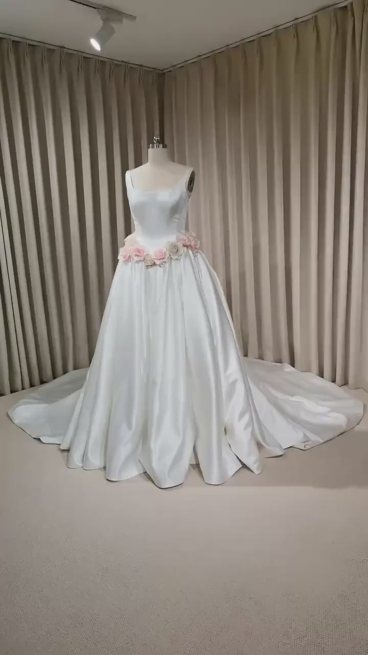 Minimalist Satin Corset Basque Waist Wedding Ballgown with Handmade Flowers and Detachable Bow | Abigail