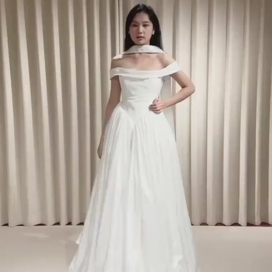 Off the Shoulder Corset Basque Waist Taffeta Wedding Dress with Scarf, Custom Bridal Ball Gown | Madison