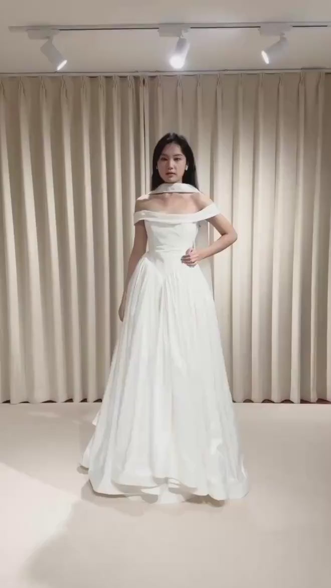 Off the Shoulder Corset Basque Waist Taffeta Wedding Dress with Scarf, Custom Bridal Ball Gown | Madison