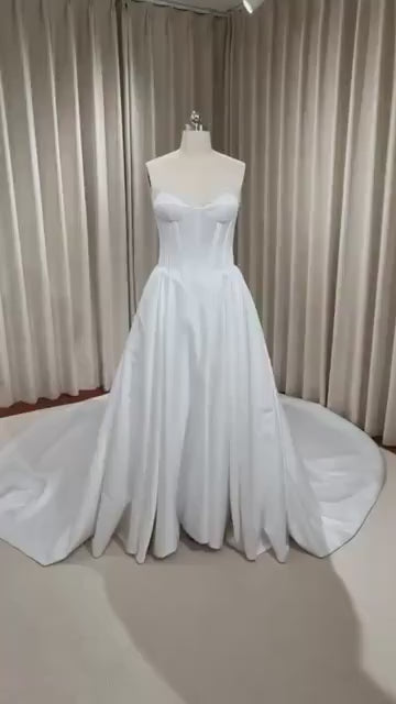 Minimalist drop waist satin corset wedding dress with pearls, custom simple & classic Ivory bridal ball gown