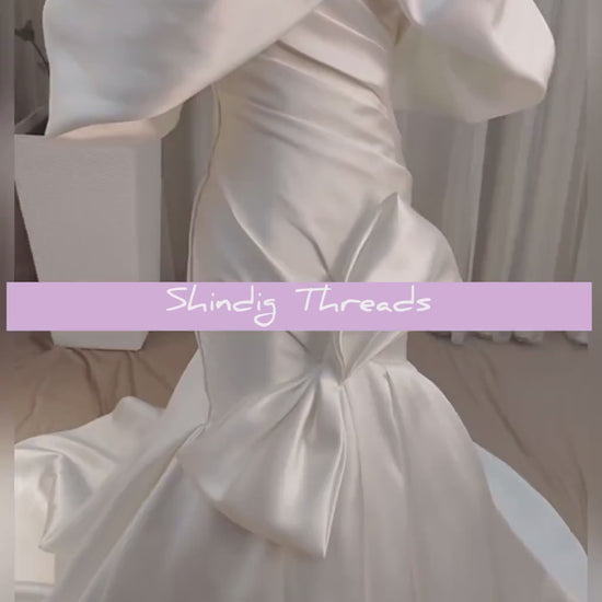 Off the Shoulder White Satin Mermaid Unique Wedding Bridal Dress with Bow, Custom Minimalist Modest Bridal Reception Dress