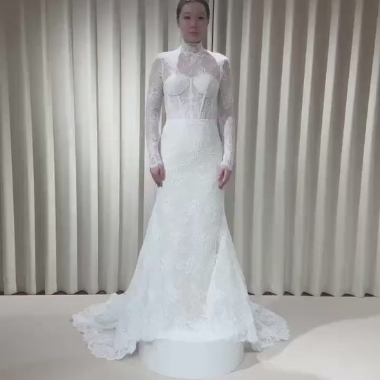 High Neck Long Sleeve Lace Corset Mermaid Wedding Dress with Open Back | Eloise