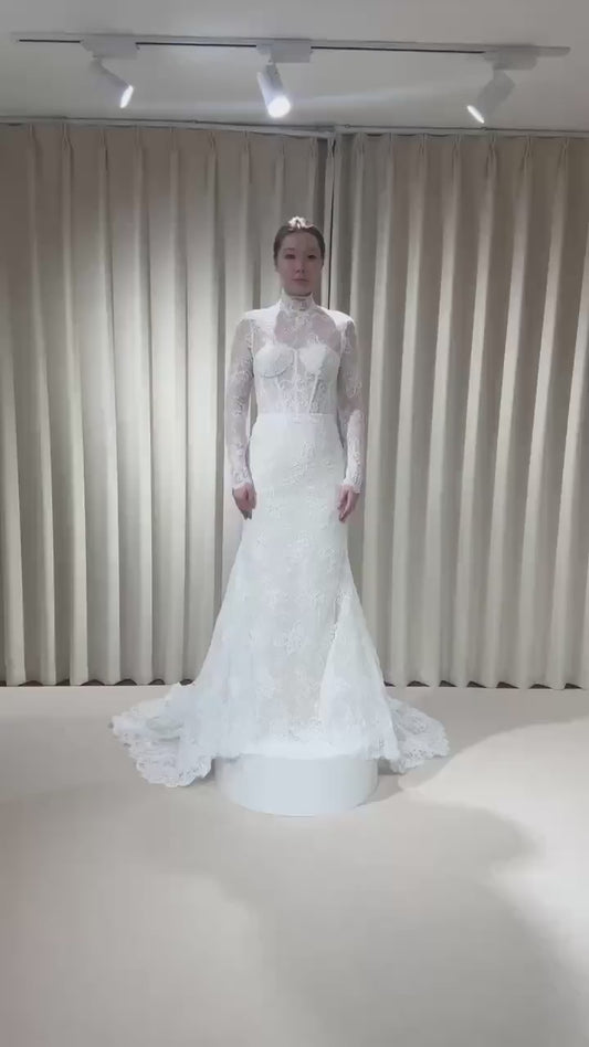 High Neck Long Sleeve Lace Corset Mermaid Wedding Dress with Open Back | Eloise
