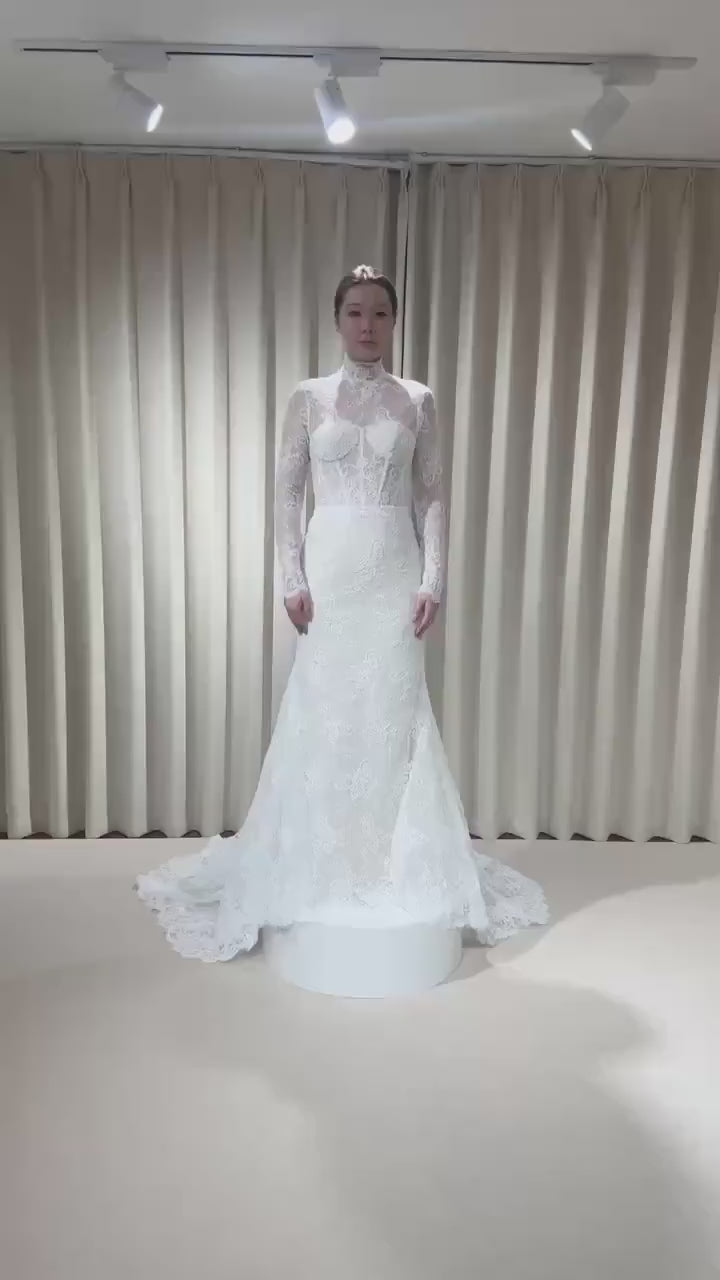 High Neck Long Sleeve Lace Corset Mermaid Wedding Dress with Open Back | Eloise
