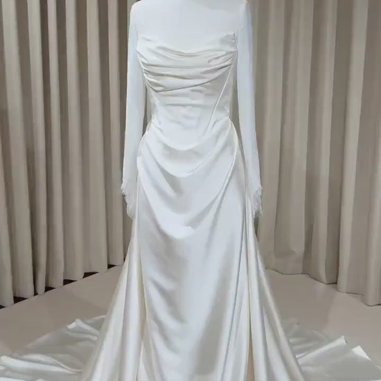 Minimalist High Neck Long Sleeve Lace Top and Satin Corset Wedding Dress with Detachable Train | Hannan
