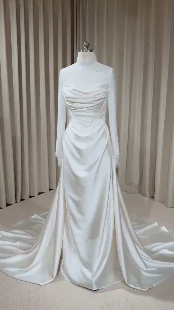 Minimalist High Neck Long Sleeve Lace Top and Satin Corset Wedding Dress with Detachable Train | Hannan