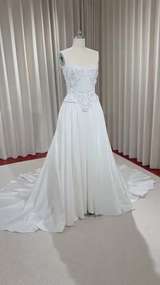 Two-piece Hand Embroidery Corset Top with Taffeta Skirt Wedding Dress, Custom Modest Courthouse Civil Wedding Vintage Victoria Ball Gown