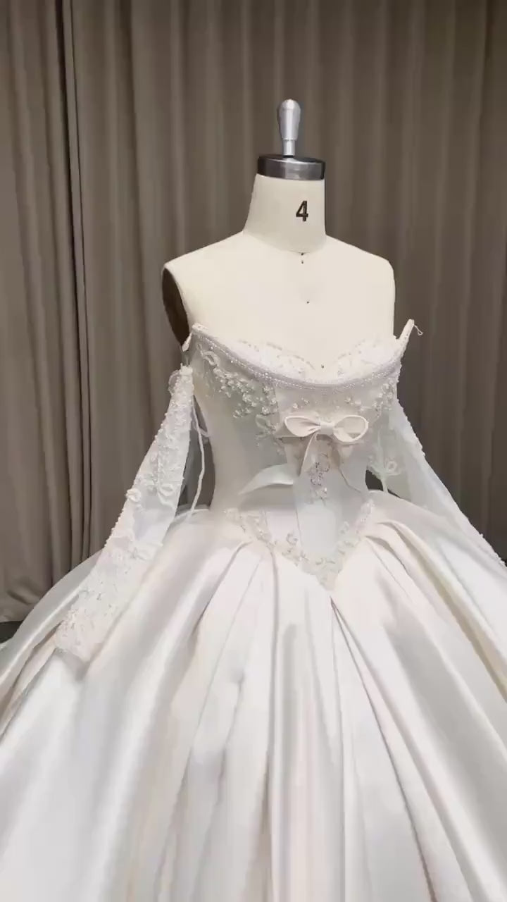 Long Sleeve Satin Corset Wedding Dress w Pearls, Classic Romantic Elegant Princess Ball Gown, Custom Modest Courthouse Civil Wedding Dress