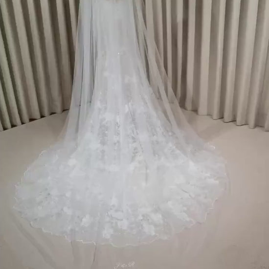 1 Tier Soft Tulle Wedding Veil with Hand Embroidery (Name Initials & Wedding Date)