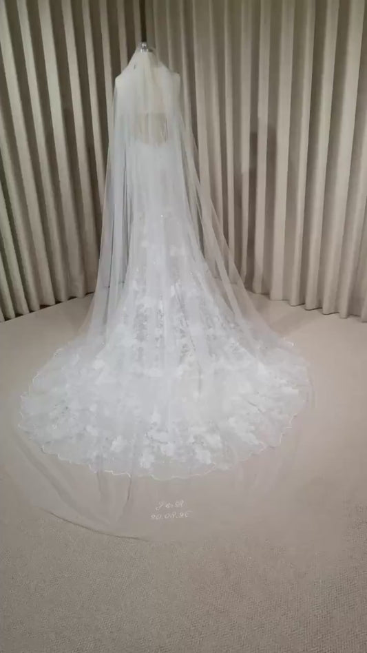 1 Tier Soft Tulle Wedding Veil with Hand Embroidery (Name Initials & Wedding Date)