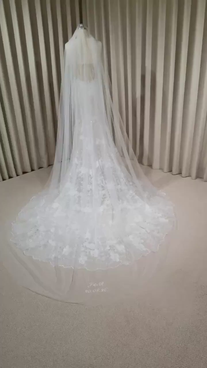1 Tier Soft Tulle Wedding Veil with Hand Embroidery (Name Initials & Wedding Date)