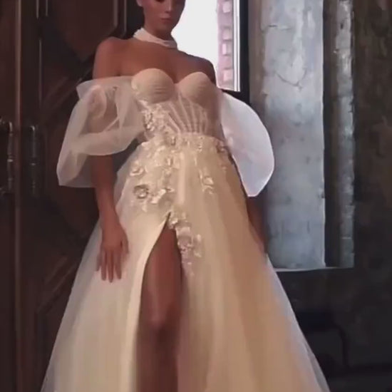 Off the Shoulder Fairy A-line Slit Wedding Dress with Detached Long Sleeves, Custom Sexy Boho Prom Party Gown