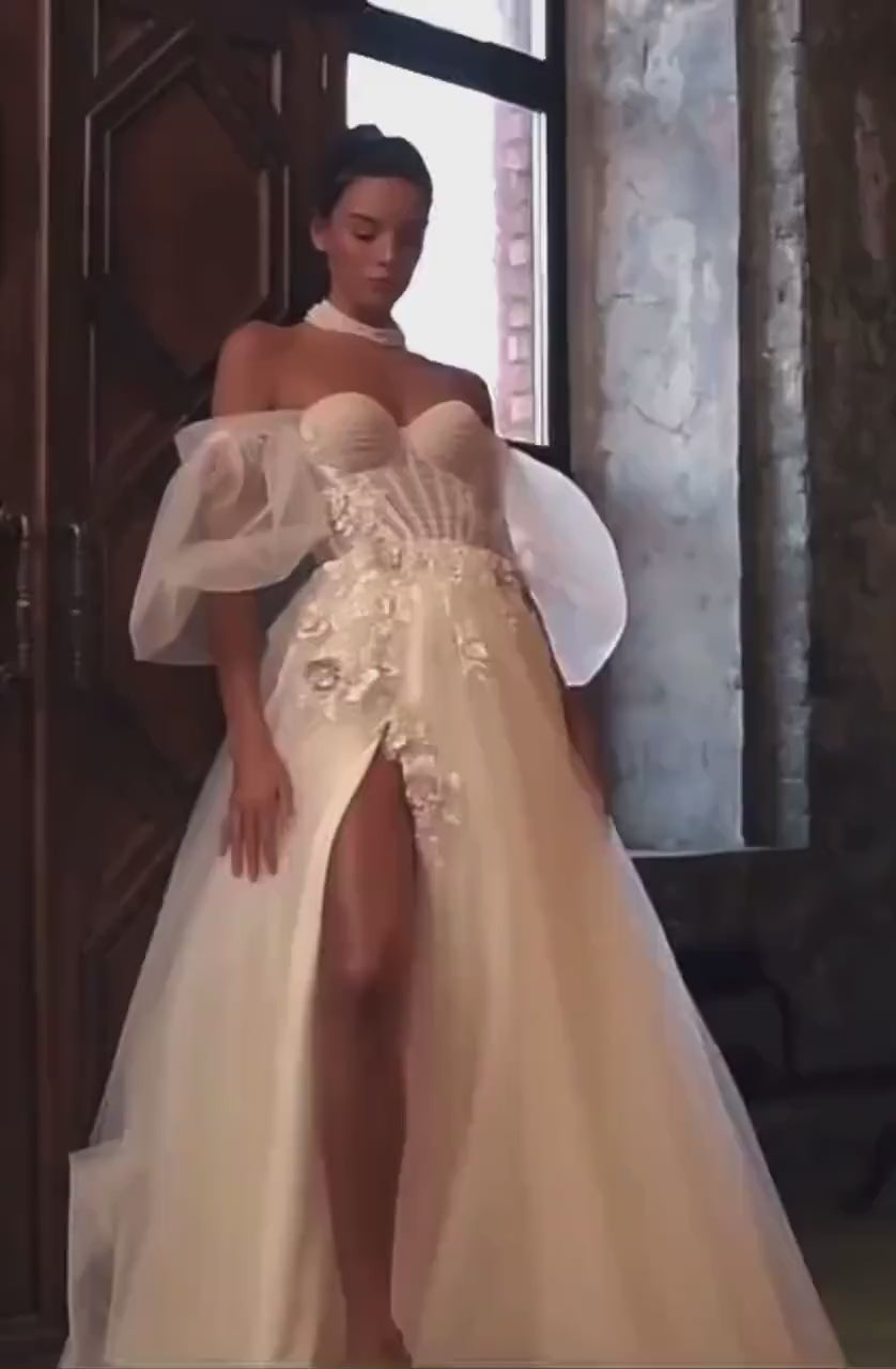 Off the Shoulder Fairy A-line Slit Wedding Dress with Detached Long Sleeves, Custom Sexy Boho Prom Party Gown