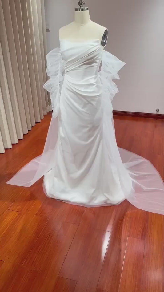 Minimalist Off Shoulder Wedding Bridal Dress with Detachable Long Sleeves, Custom Simple Elegant Courthouse Civil Reception Elopement Dress
