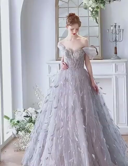 Fairy Tulle Unique Wedding Bridal Dress with Detachable Sleeves and Feathers, Off Shoulder Romantic Lolita Princess Prom Party Gown