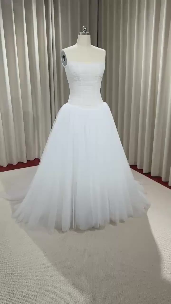 Minimalist Drop Waist Tulle Simple Wedding Dress, Custom Fairy Unique Courthouse Civil Reception Gown, Casual Elopement Rehearsal Dress
