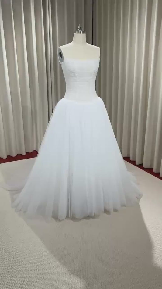 Minimalist Drop Waist Tulle Simple Wedding Dress, Custom Fairy Unique Courthouse Civil Reception Gown, Casual Elopement Rehearsal Dress