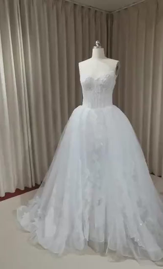 French Lace Beaded Strapless Corset Wedding Dress, Custom Ball Gown | Cecilia