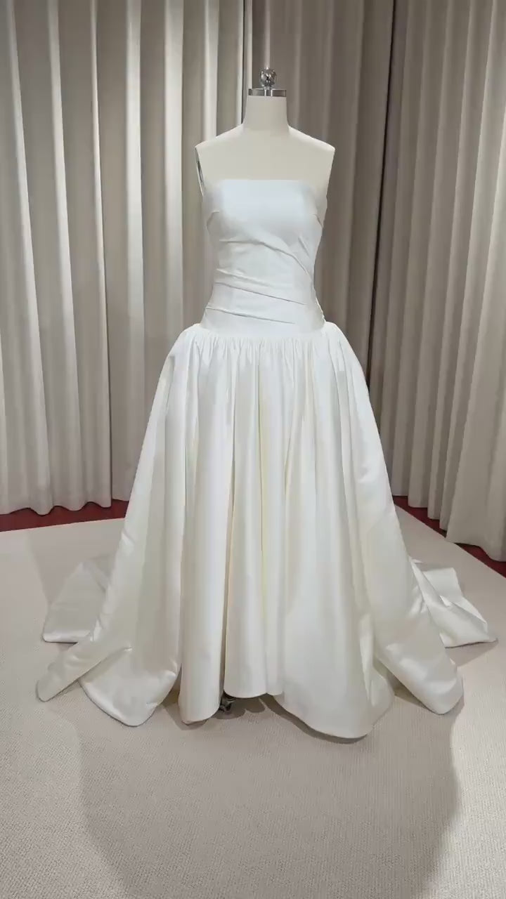Minimalist drop waist satin wedding dress, custom simple & classic Ivory bridal ball gown