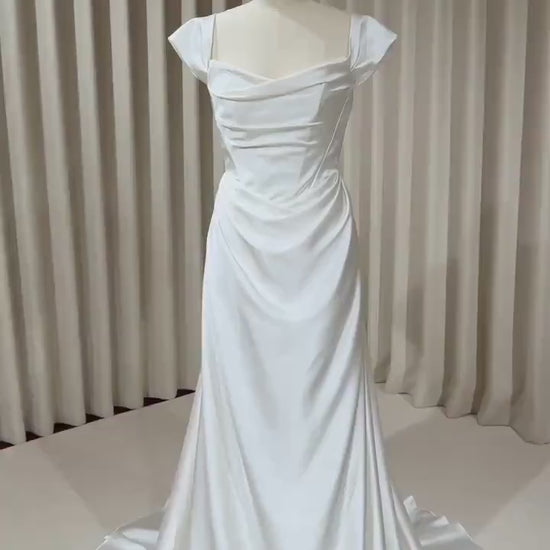 Minimalist Satin Corset Basque Waist Wedding Dress with Cap Sleeves, Custom Bridal Gown | Jennifer