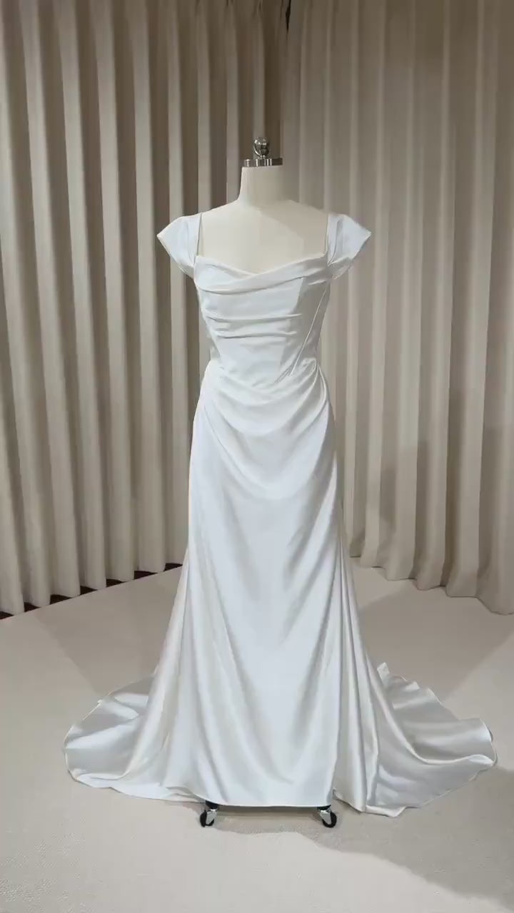Minimalist Satin Corset Basque Waist Wedding Dress with Cap Sleeves, Custom Bridal Gown | Jennifer